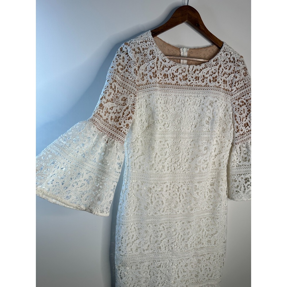 Lauren Ralph Lauren White Lace Bell Sleeve Shift Dress Sz 6 Floral Wedding Guest - Picture 5 of 13